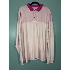 Coolibar Men's Erodym Golf Polo Shirt XL Pink White Stripe Long Sleeve UPF 50+
